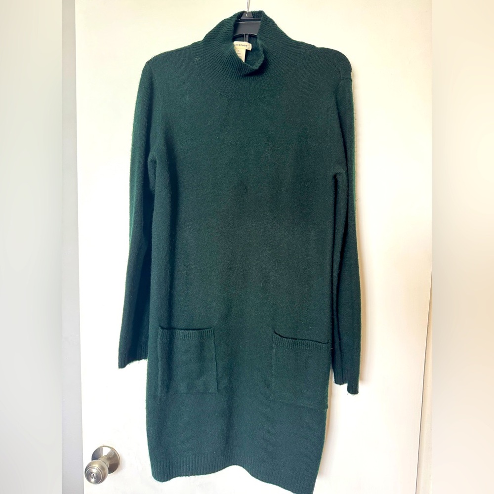 Dark Green Mock Neck Sweater Dress with Pockets Small